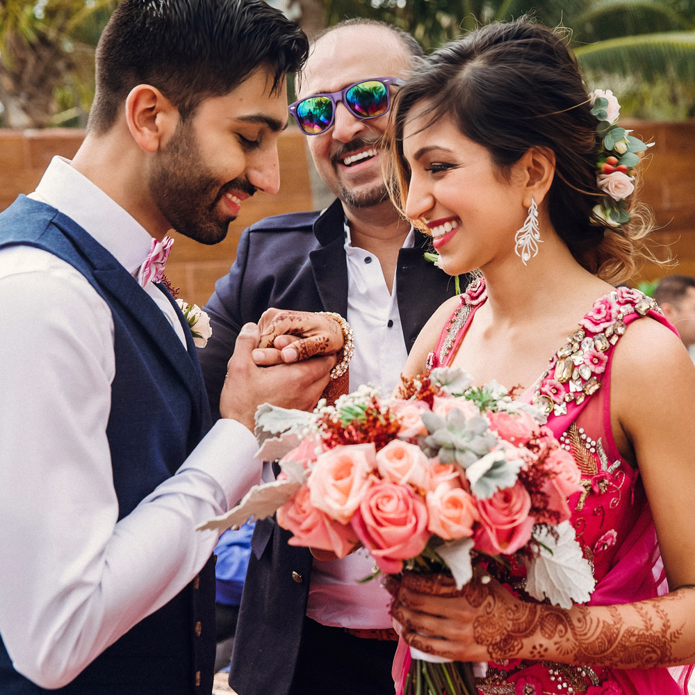 Happy,Hindu,Groom,Holds,Tender,Bride's,Hand,During,The,Ceremony